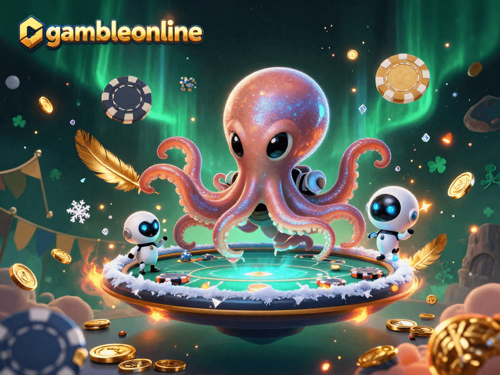 Experience the thrilling action of gambleonline with an alien octopus at a holographic poker table.