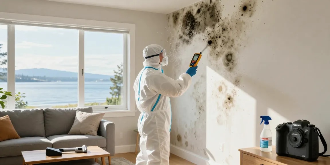 Mold remediation technician inspecting damp walls for Mold Remediation West Vancouver with professional equipment.
