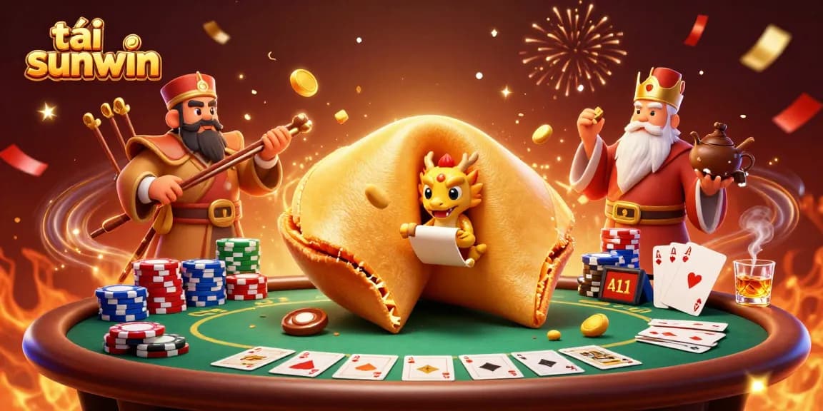 Experience thrilling gameplay while tải sunwin with a captivating scene of fortune cookie magic and poker.