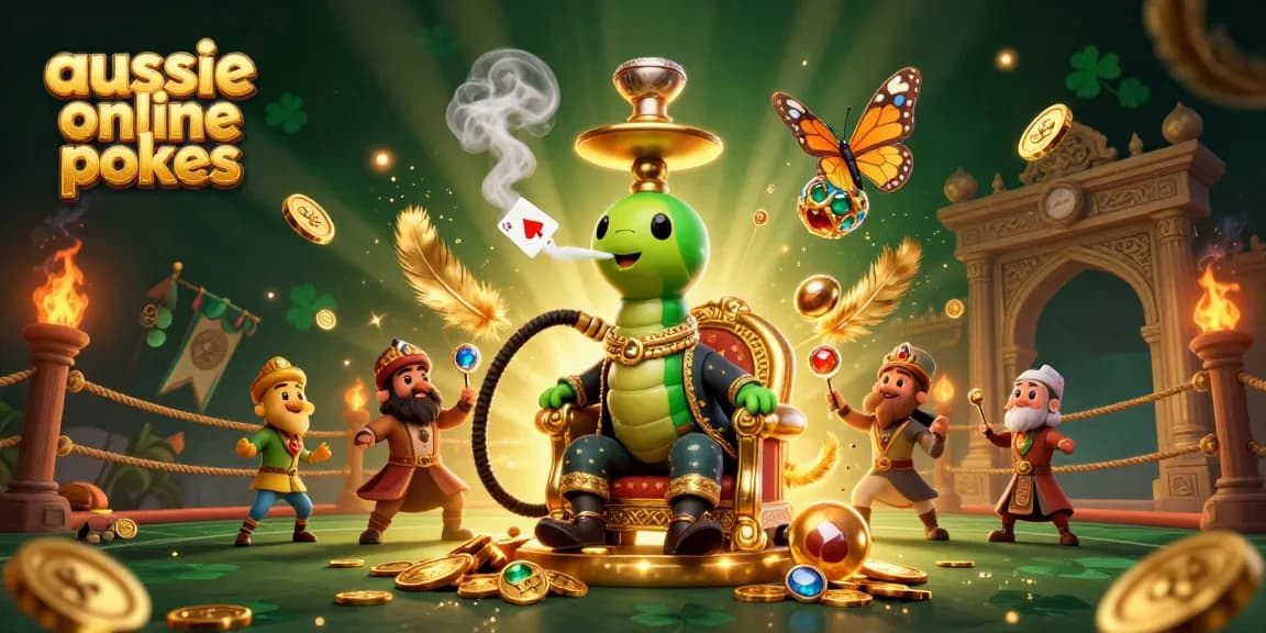 Aussie online pokies themed 3D scene with poker symbols and a colorful caterpillar master