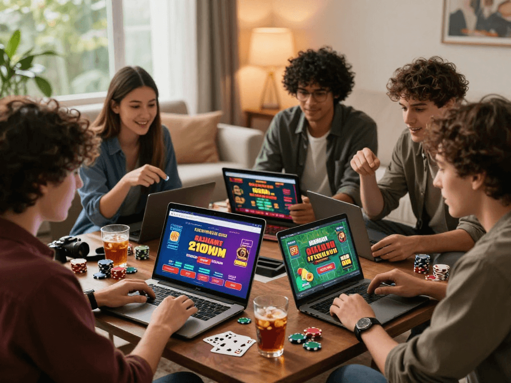 Engaging friends exploring gambleonline sites in cozy home atmosphere.