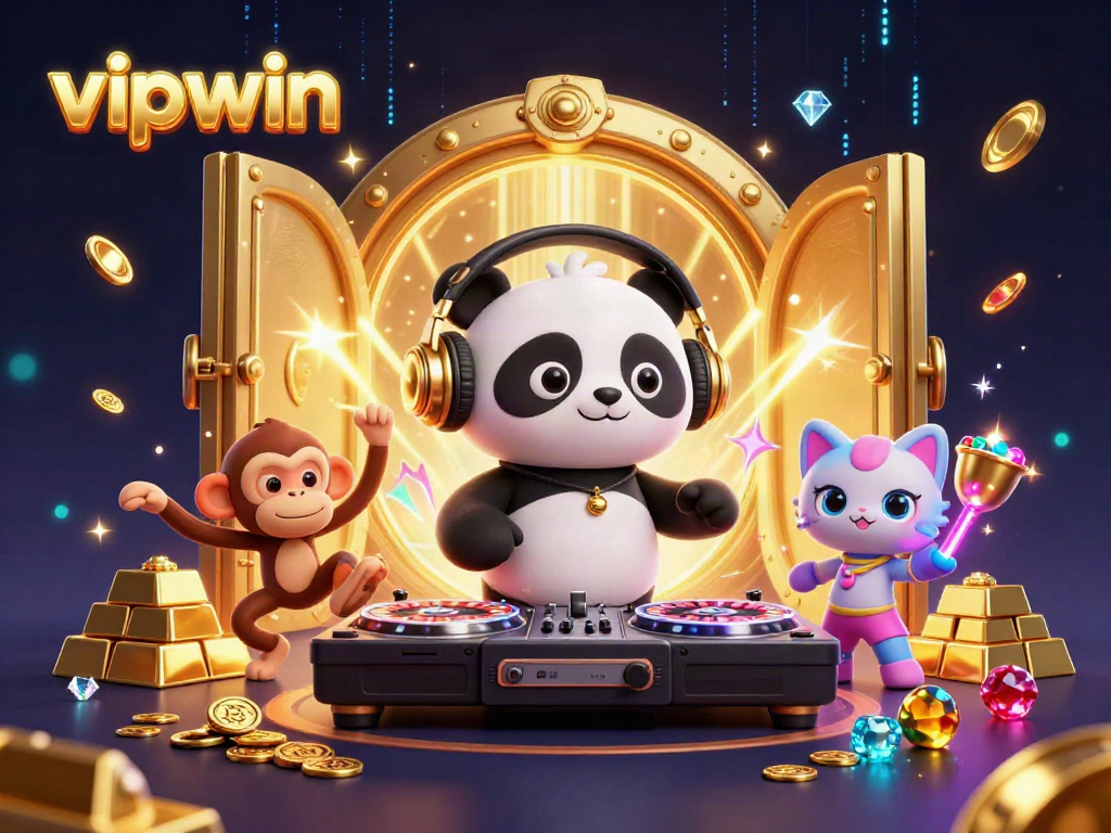Engage in thrilling gameplay with VIPWIN, featuring a DJ panda and lively characters amidst a treasure-filled celebration.