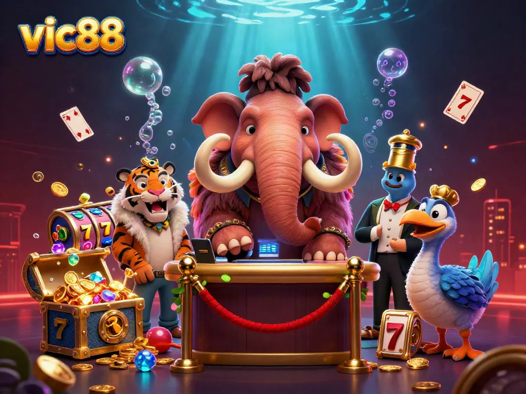 Experience the excitement at vic88 with a dynamic 3D digital scene featuring unique characters, slot elements, and vivid underwater themes.