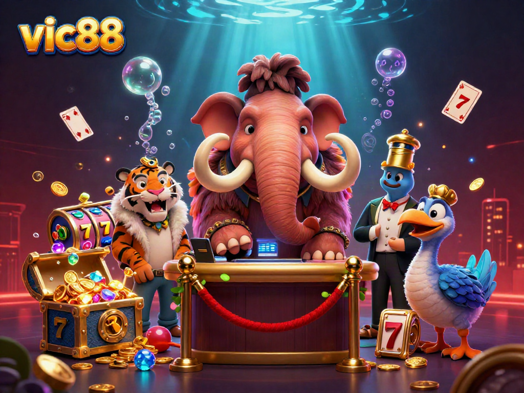 Experience the excitement at vic88 with a dynamic 3D digital scene featuring unique characters, slot elements, and vivid underwater themes.