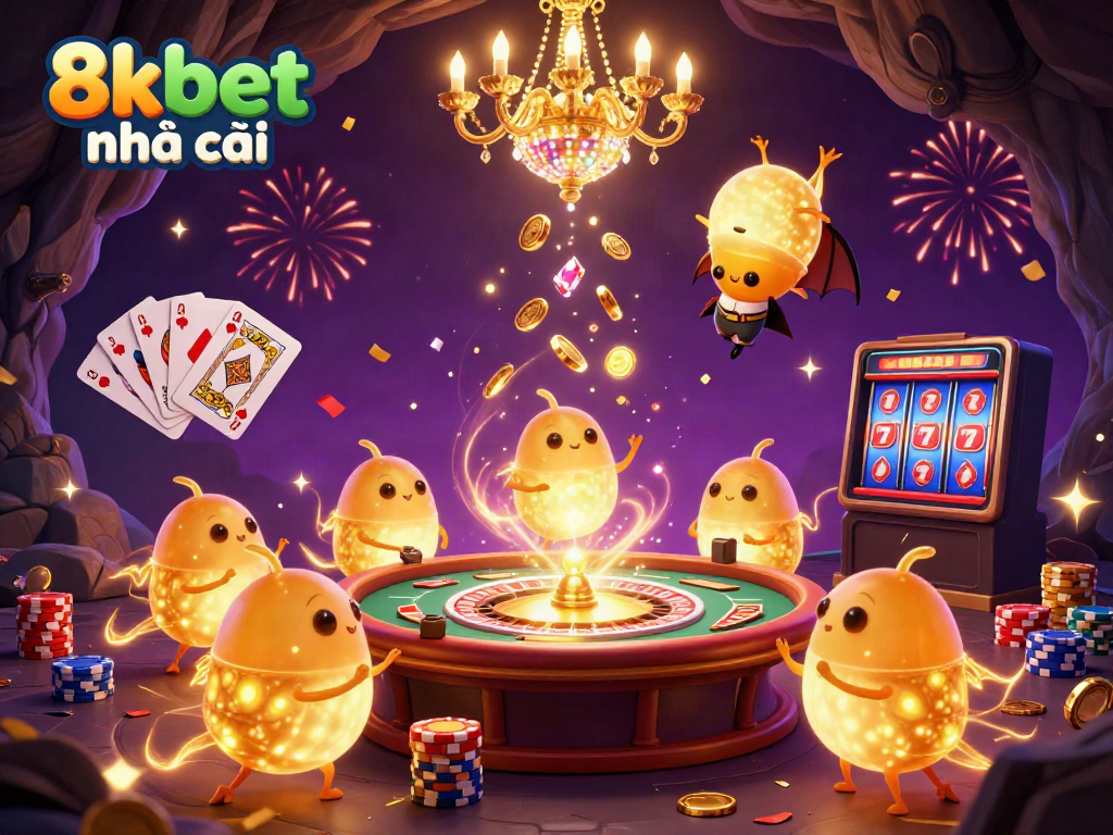 Experience the vibrant world of 8xbet nhà cái casino with illuminated glowworms, gem stones, and spinning roulette.
