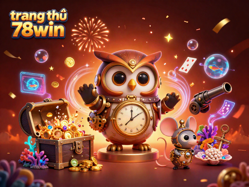 Experience the vibrant energy of trang chủ 78win with our 3D casino illustration showcasing a time-traveler owl and steampunk elements amid gold and game artifacts.