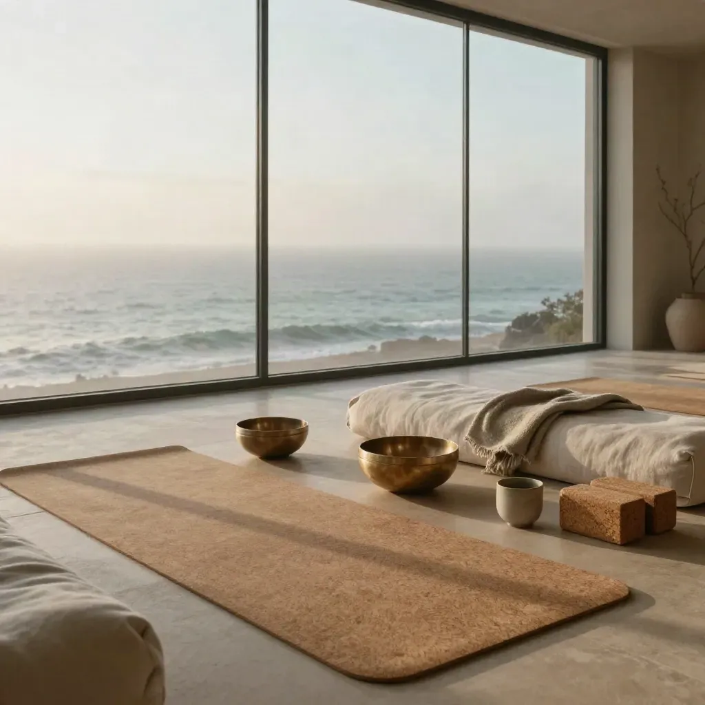 Ocean-facing wellness studio with mat, bolster, bowl, blanket, tea cup, and blocks at blue hour.