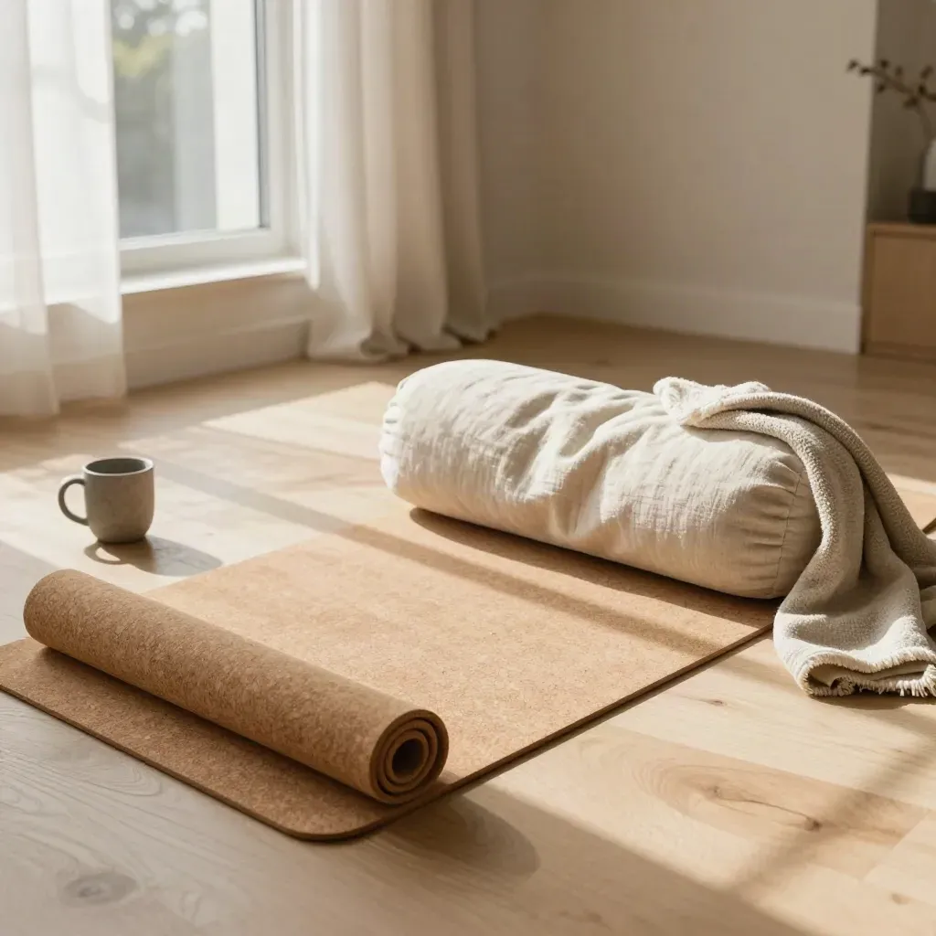 Yoga corner with mat, bolster, blanket, and mug in warm morning window light.