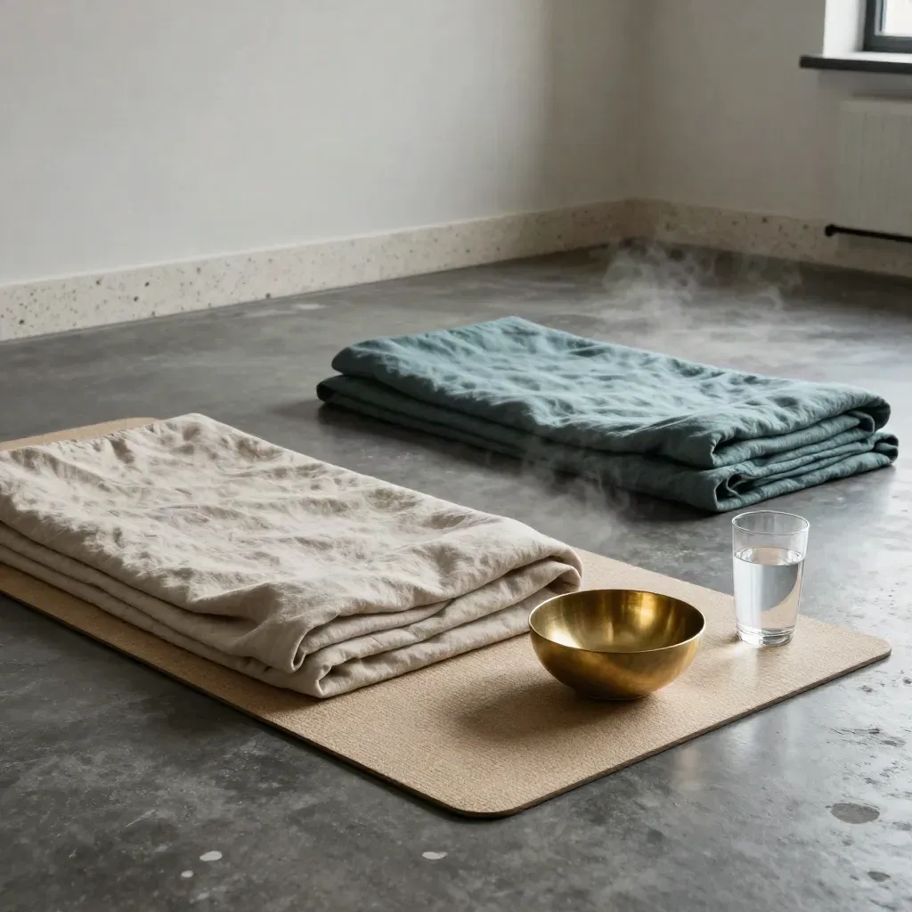 Breathwork setup with folded blankets, a mat, brass bowl, and rippled water on a dark floor.
