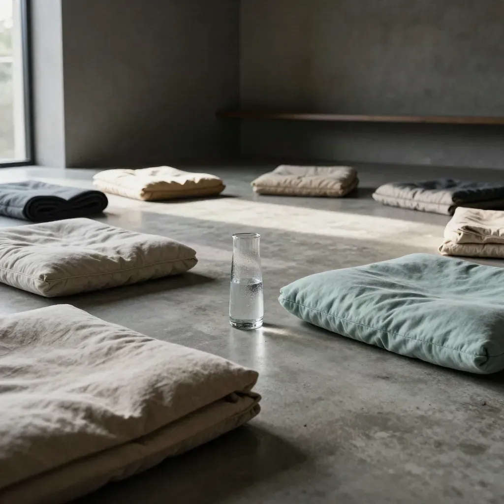 Wellness workshop room with cushions, mats, blankets and a water carafe in soft light.