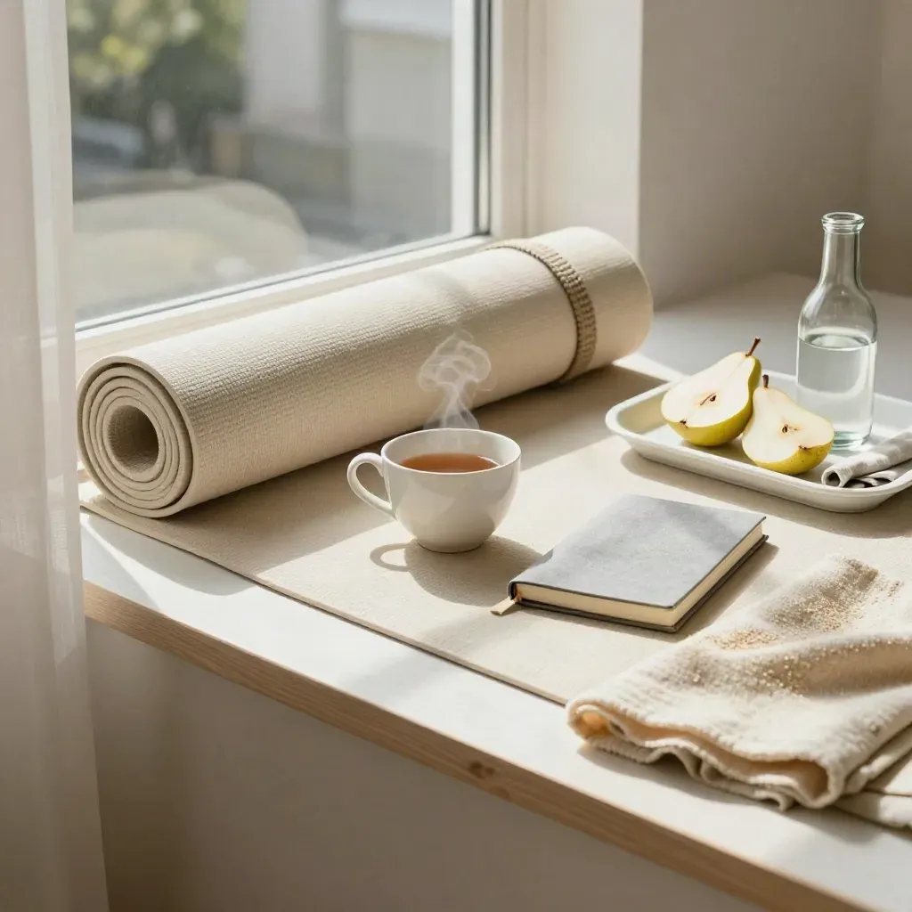 Rolled yoga mat, tea cup, throw, notebook and lunch tray on a sunlit window ledge.