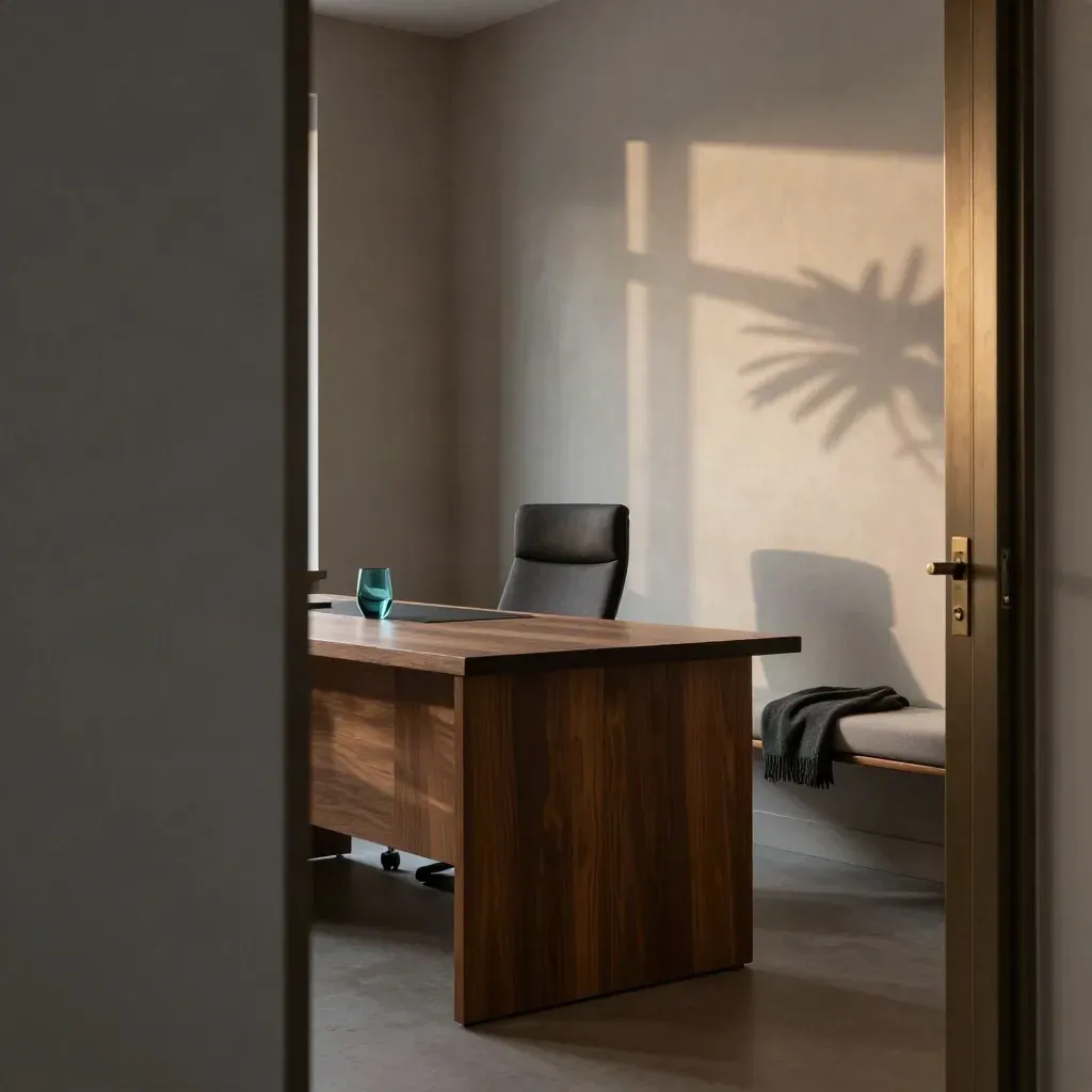 Empty leadership office corner with desk, chair, wool throw, and plant shadow in twilight.