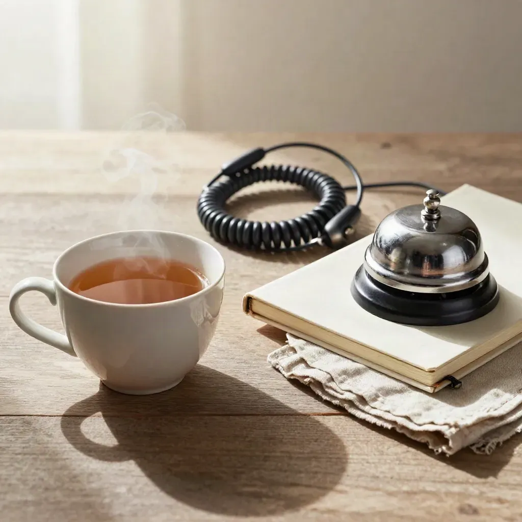Steam rises from tea beside a headset cable, closed notebook and desk bell on linen.