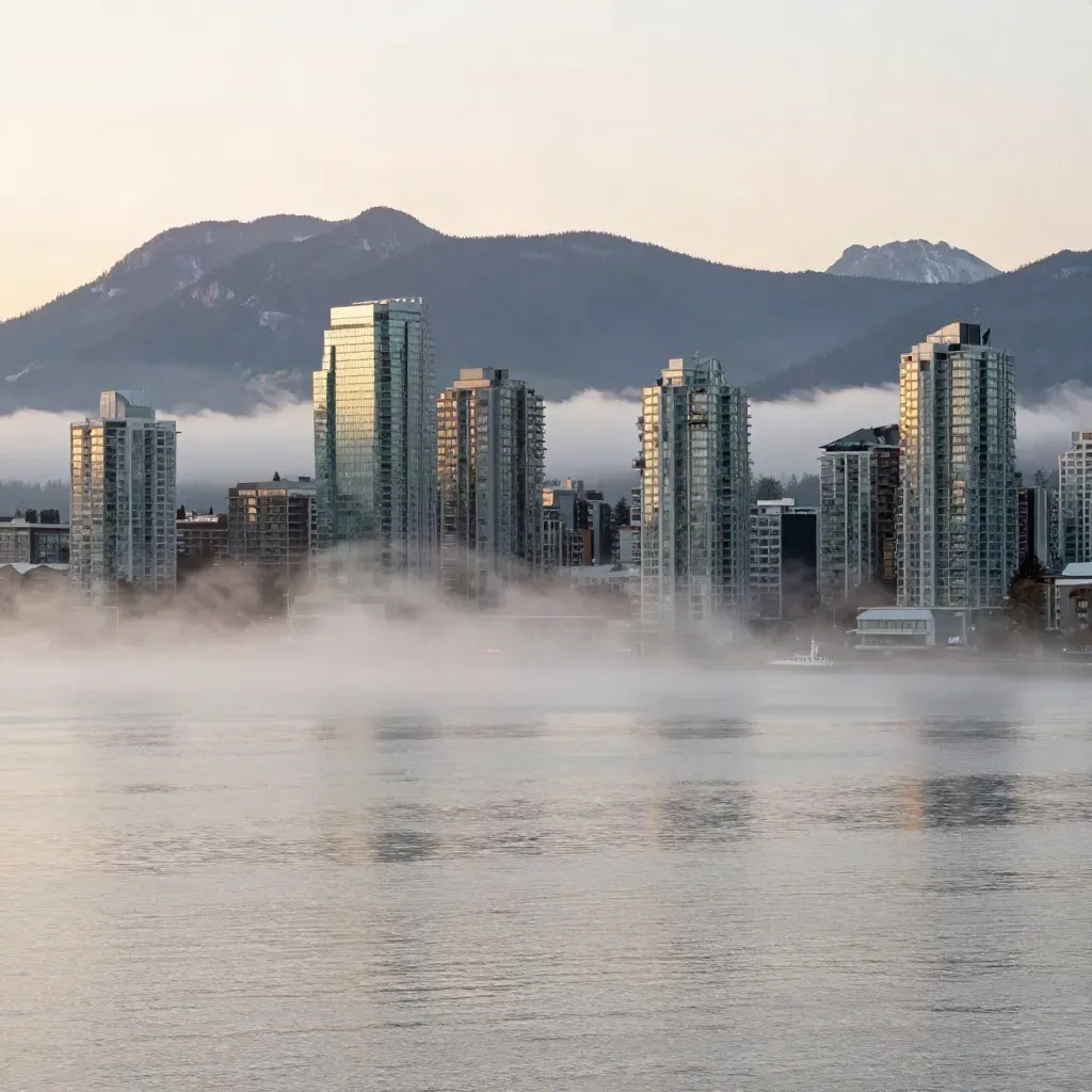 Vancouver waterfront, mountains and towers in golden fog above calm harbour water.
