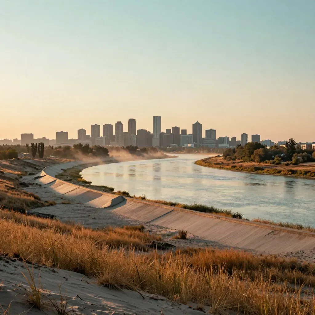 Warm Alberta river valley skyline with prairie grass, hazy towers, and glowing golden-hour sky.
