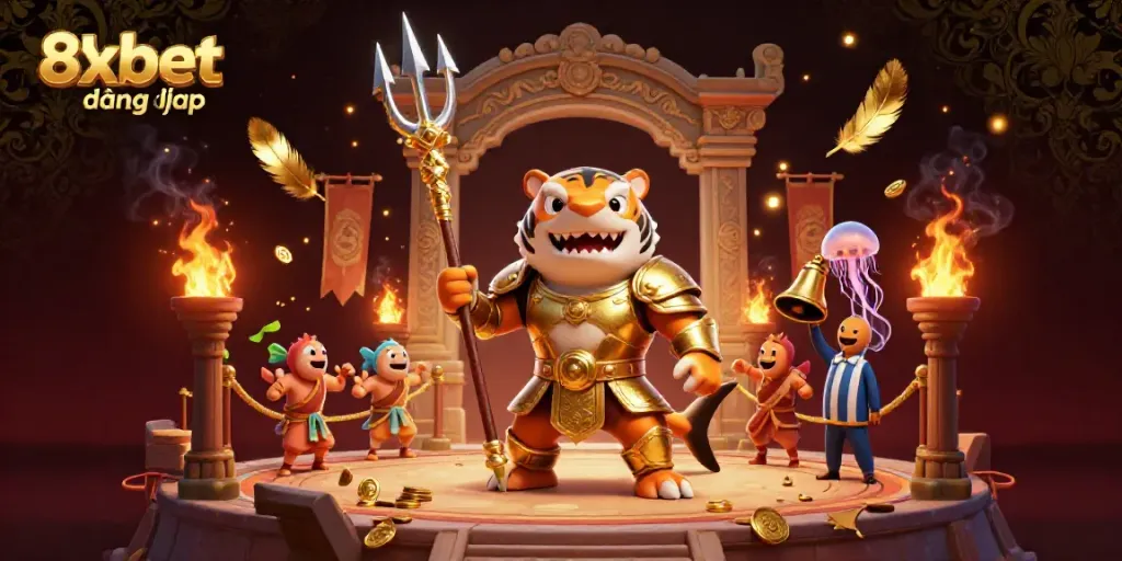 Engage in thrilling gameplay with 8xbet đăng nhập as a fierce tiger shark battles in a colorful underwater colosseum.