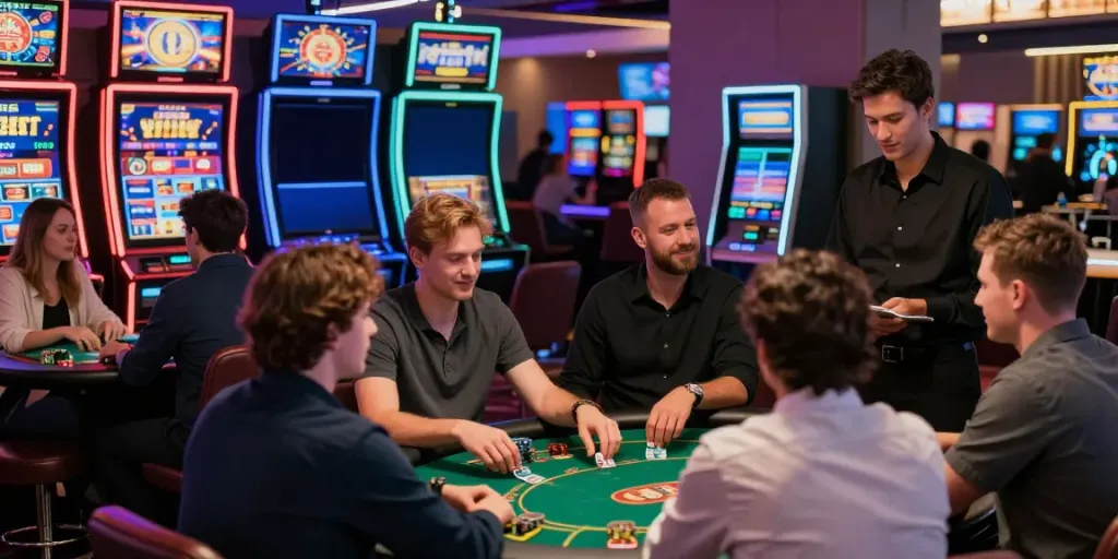 Crypto Casino Canada Fast Withdrawls with lively players enjoying games and vibrant atmosphere.