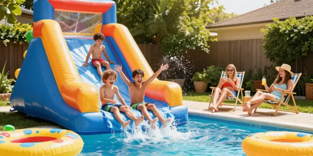 Children sliding down an inflatable water slide in a sunny backyard.