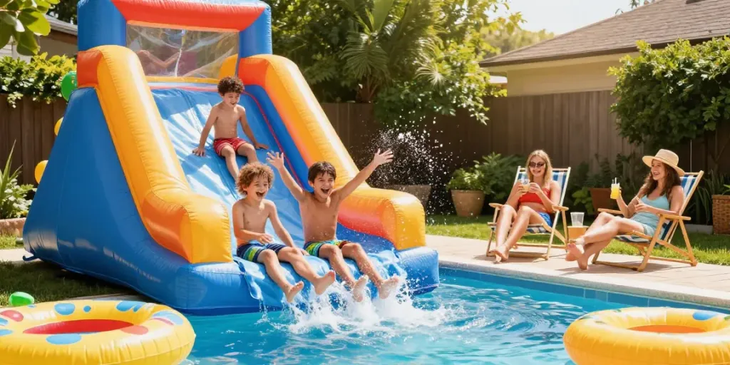 Children sliding down an inflatable water slide in a sunny backyard.