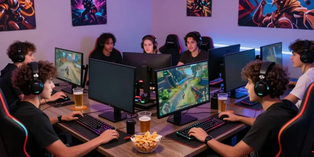 Group enjoying online gaming at https://du88az.net/ with bright screens and snacks.