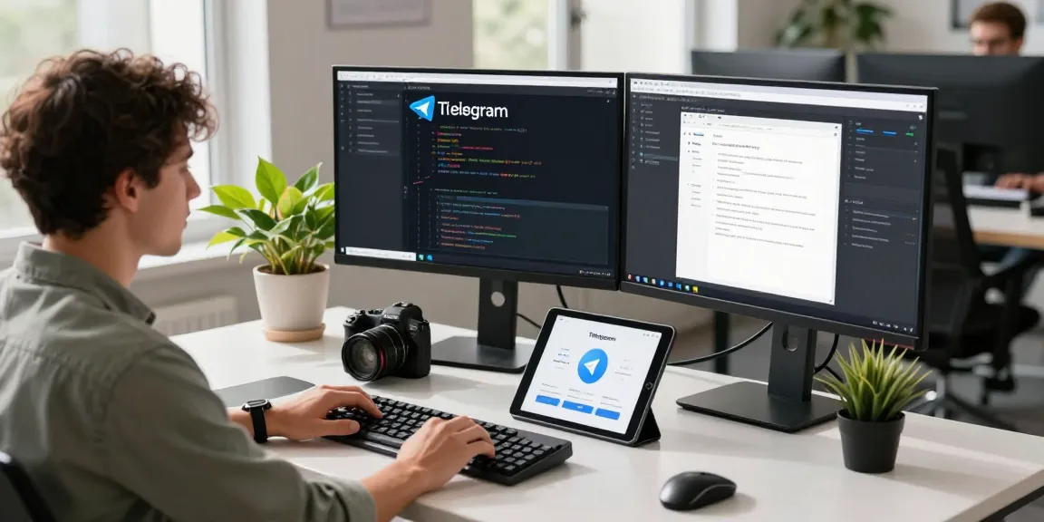 Developer in a tech workspace focused on Telegram download features, showcasing coding and app interface.