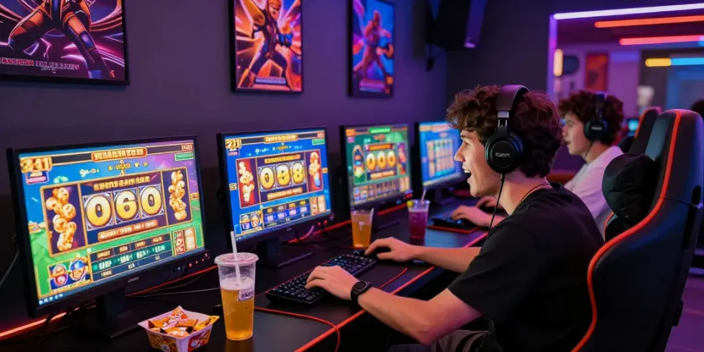 Pengalaman bermain slot gacor dengan monitor menampilkan kemenangan besar di ruang permainan yang cerah.