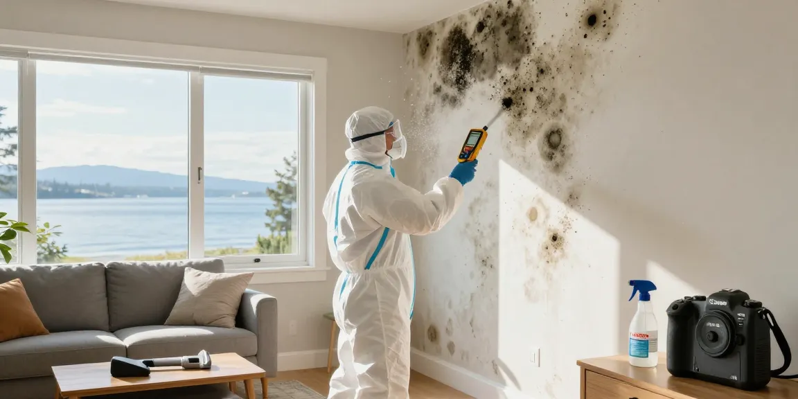 Mold remediation technician inspecting damp walls for Mold Remediation West Vancouver with professional equipment.