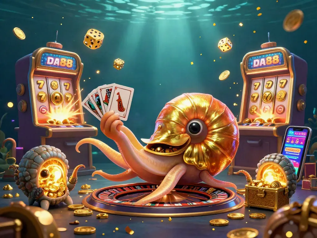 Join da88's thrilling world of gambling with a dazzling scene of casino excitement featuring a nautilus roulette wheel.
