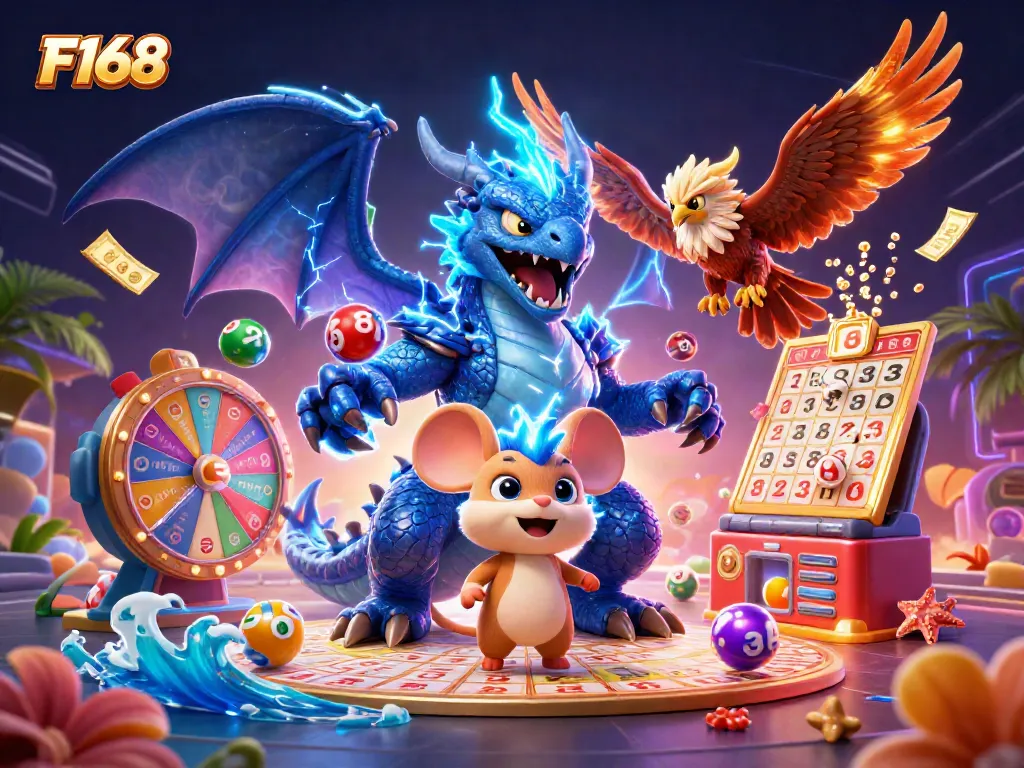 Engage with the F168 gaming experience through lottery balls and vibrant casino elements.