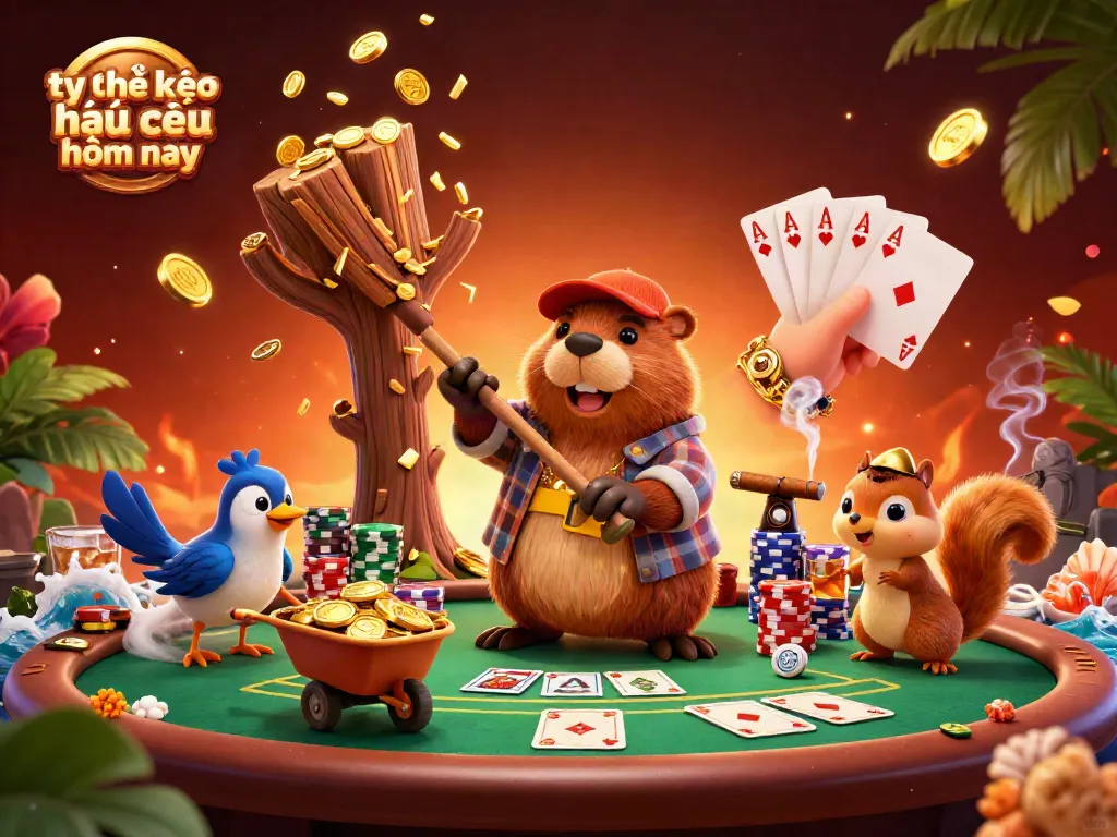 Engage with tỷ lệ kèo nhà cái hôm nay as a lumberjack beaver collects coins, showcasing an exciting casino scene.