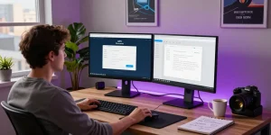 WPS Download interface displayed on dual monitors in a modern workspace, facilitating efficient document editing.